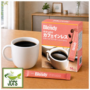 (AGF) Blendy Stick Black Soothing Caffeine-Free Coffee - Product and cup od coffee
