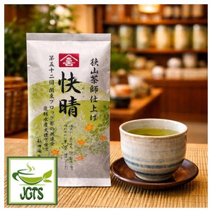 Araien Honten Sayama Tea Master Finished Clear Skies - Package and cup of tea at a tea shop