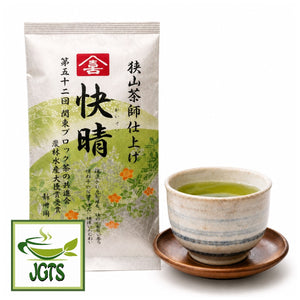 (Araien Honten) - Sayama Tea Master Finished Clear Skies - Package and cup of Japanese green tea bewed in a cup