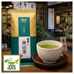 First Harvest Deep Steamed Sayama Tea - package and cup of tea at teashop
