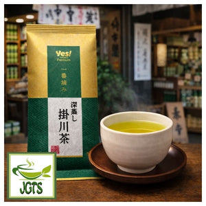 First Harvest Sencha with Gyokuro - package and cup of tea at teashop