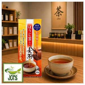 (HISHIWAEN) Roasted Green Tea & Barley - Package and fresh brewed cup of tea