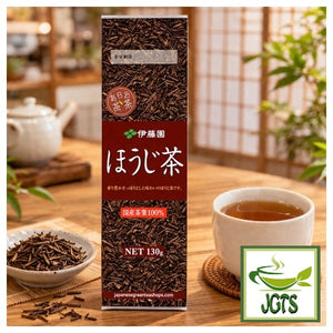ITO EN Everyday Roasted Green Tea Houjicha - package and cup of tea in tearoom