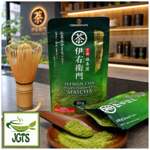 (Iyemon) Stone Ground Uji Matcha - Package and bowl of whisked matcha