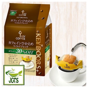 Key Coffee KEY DOORS Drip On Low Caffeine Mild Blend - Package and drip filter in cup