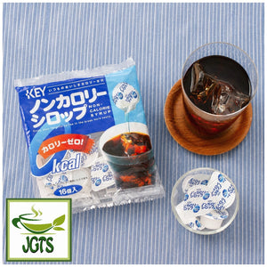 Key Coffee Non-Calorie Sugar Syrup - Package and glass of iced coffee