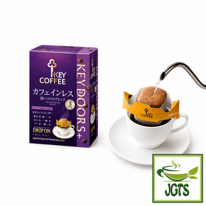 (Key Coffee) - KEY DOORS Caffeine-free Deep Rich Blend Drip On Coffee - Box and drip coffee filter on cup