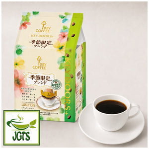 (Key Coffee) KEY DOORS Drip On Limited Time Seasonal Blend - Package and hot coffee in cup