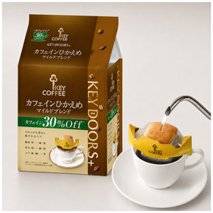 (Key Coffee) KEY DOORS Drip On Low Caffeine Mild Blend - Package and drip filter in cup