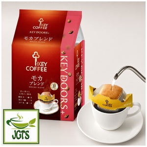 Key Coffee+ KEY DOORS+ Drip On Mocha Blend - Package and drip filter on cup