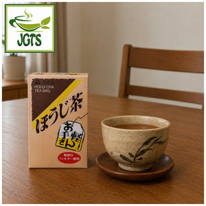 (Kisakuen) Shizuoka Houjicha Tea Bags - Product box and cup of houjicha