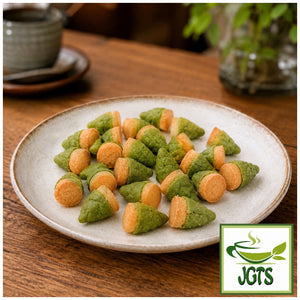 Meiji Takenoko no Sato Nishio Matcha Chocolate (Box) - A plate of Matcha chocolate cookies on table