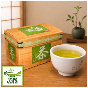 (Meiyo) Shizuoka Green Tea Bags with Matcha package and a cup of brewed tea .jp g