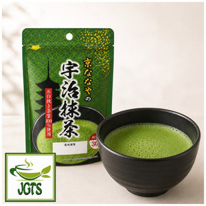 (Nanaya) Uji Matcha 30g - Package and bowl of whished matcha in black matcha bowl