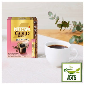 Nescafe Gold Blend Black Caffeine Half Instant Coffee - Box and one cup