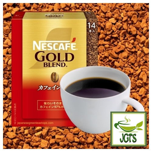 Nescafe Gold Blend Black Caffeineless Instant Coffee - Brewed in cup and box