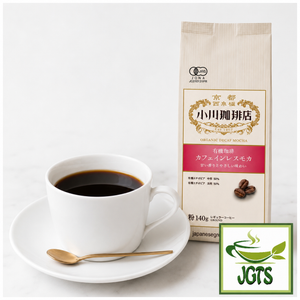 Ogawa Coffee Shop Organic Decaffeinated Mocha Blend Ground Coffee - Bag of coffee and a hot cup of coffee