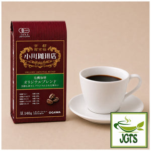 Ogawa Coffee Shop ~ Original Organic Blend Coffee Beans - Package and coffee served hot in a coffee cup