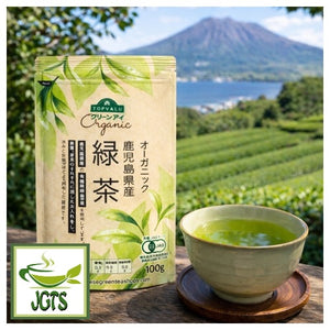 Organic Kagoshima Sencha Green Tea - Package and cup of green tea