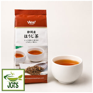 Shizuoka - Roasted Green Tea (Houjicha) - Package and cup of houjicha