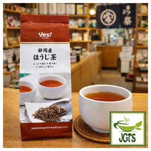 Shizuoka Roasted Green Tea (Houjicha) - Package and cup of houjicha