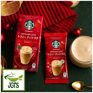 Starbucks Premium Mix Toffee Nut Latte - Package, stick and brewed in glass