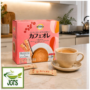 (Top Value) Cafe Au Lait Stick Coffee (26 Sticks) - Product box and cup of cafe au lait