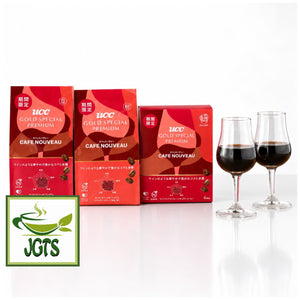 (UCC) - GOLD SPECIAL PREMIUM One-Drip Coffee Cafe Nouveau (Limited Time Offer) - Cafe Nouveau line up and 2 glasses of brewed coffee