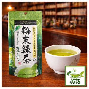 (Yamana) Funmatsu Ryokucha Powdered Green Tea - package and cup of tea at teashop