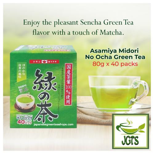 Asamiya Midori No Ocha Green Tea Bags 40 Pack Fresh brewed teabag in cup