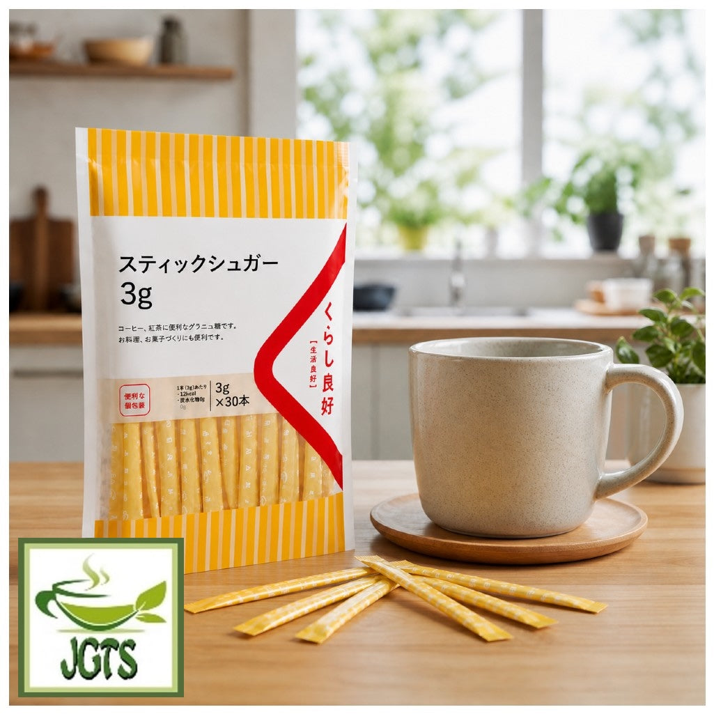 Mitsui Stick Sugar - Package next to coffee and sticks