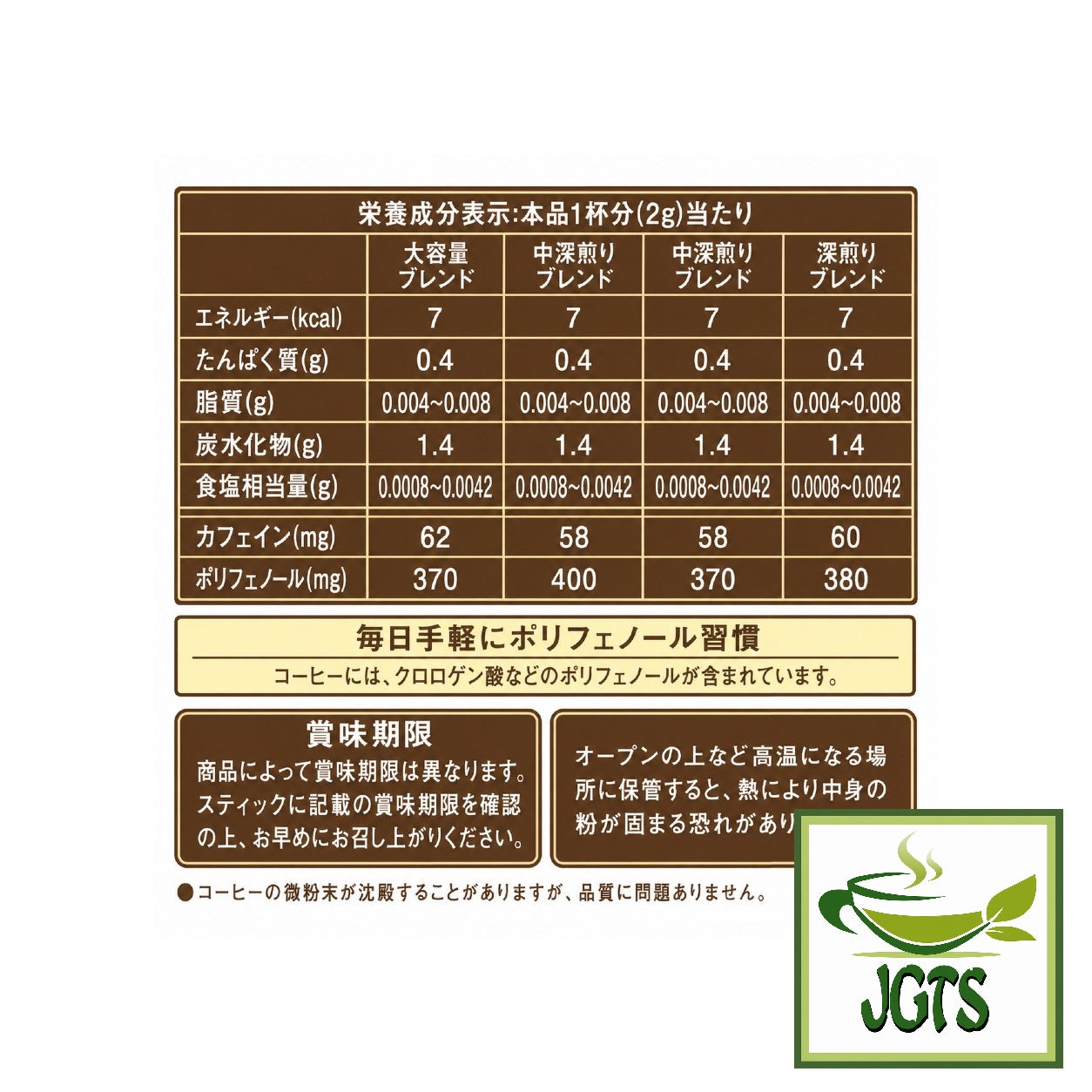 (AGF) Black In Box Assortment (Roast) Instant Coffee - Nutrition information