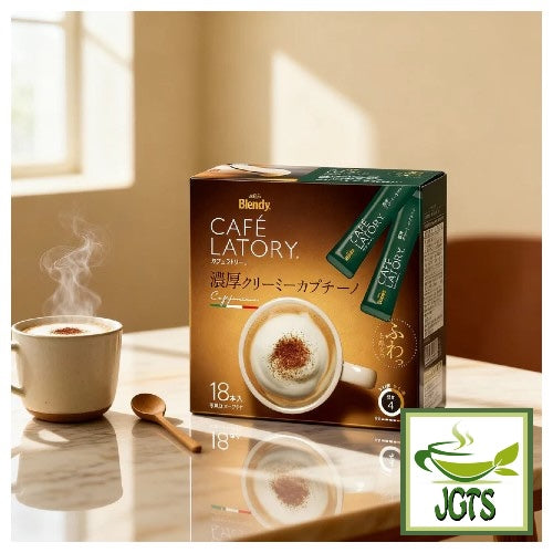 (AGF) Blendy Cafe Latory Rich Creamy Cappuccino Latte 16 Sticks Package with coffee in cup