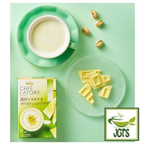 (AGF) Blendy Cafe Latory Rich Pistachio White Chocolate Latte - box, cup and white chocolate