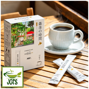 (AGF) Blendy Morihiko Time Black Deep Flavor Coffee Sticks - Box and fresh brewed in coffee cup