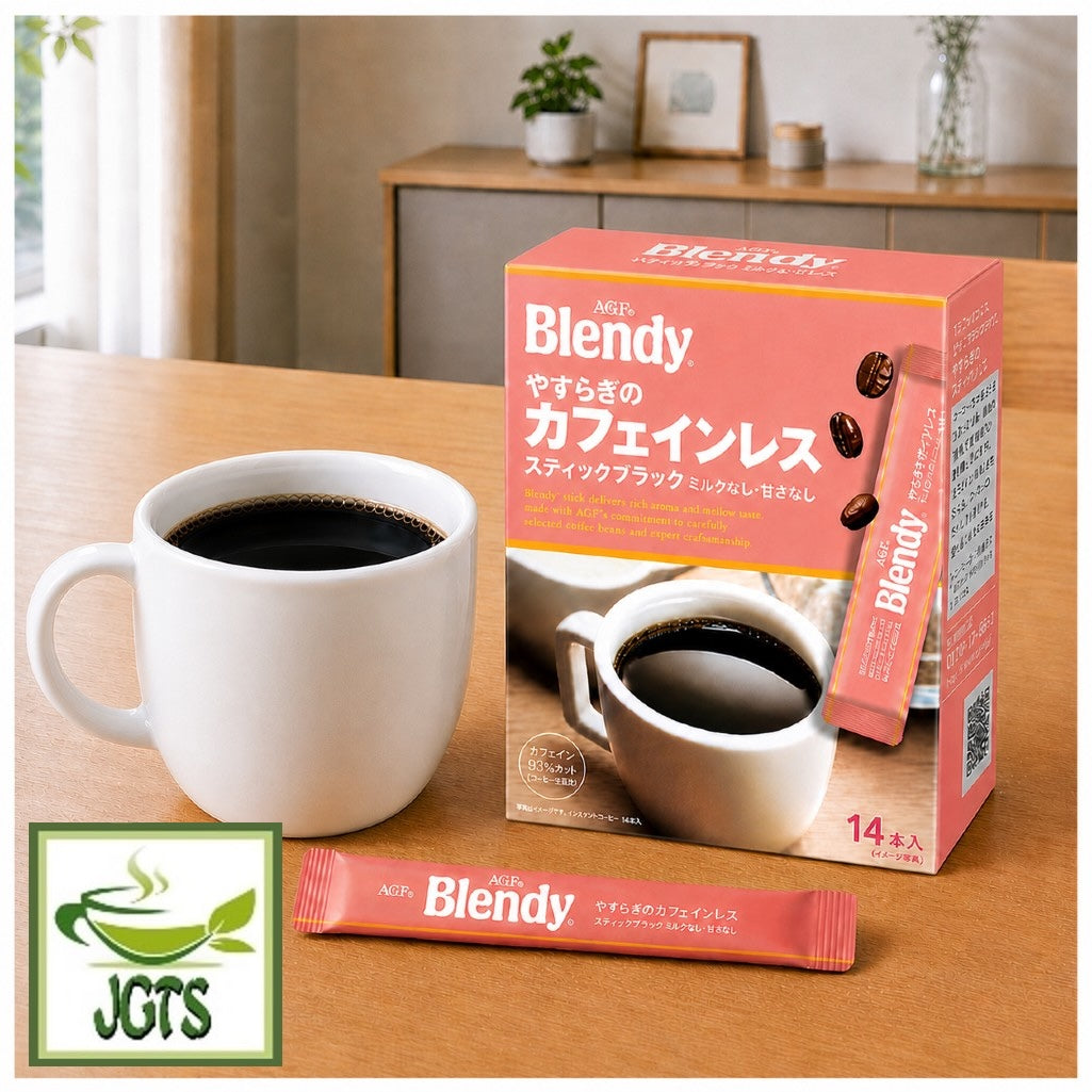(AGF) Blendy Stick Black Soothing Caffeine-Free Coffee - Product and cup od coffee