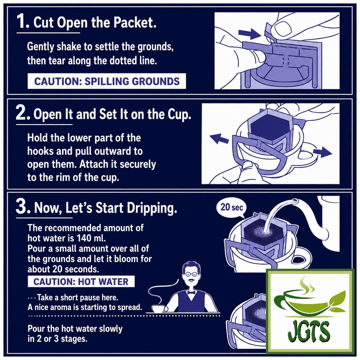 AGF ~ Luxurious Coffee Shop Premium Drip Deep Roasted Kilimanjaro Blend - How to brew drip coffee packets (E)