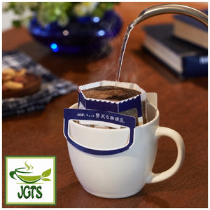 AGF ~ Luxurious Coffee Shop Premium Drip Fragrant Mocha Blend - Filter packet on cup, hot