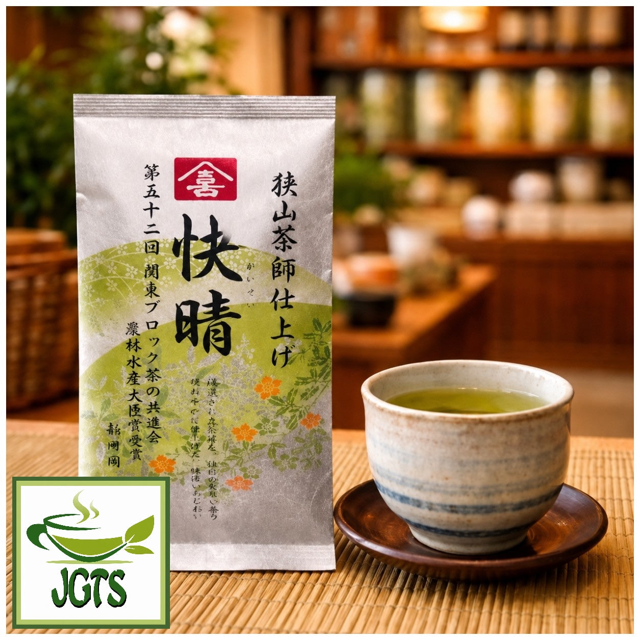 (Araien Honten) - Sayama Tea Master Finished Clear Skies - Package and cup of tea at a tea shop