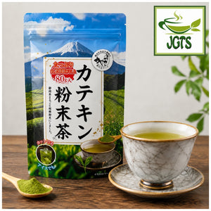 Catechin - Green Tea Powder- Package and cup of tea on a table