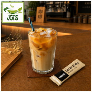 Doutor Cafe Au Lait Mild Instant Coffee 10 Sticks - One stickn with ice coffee in coffee shop