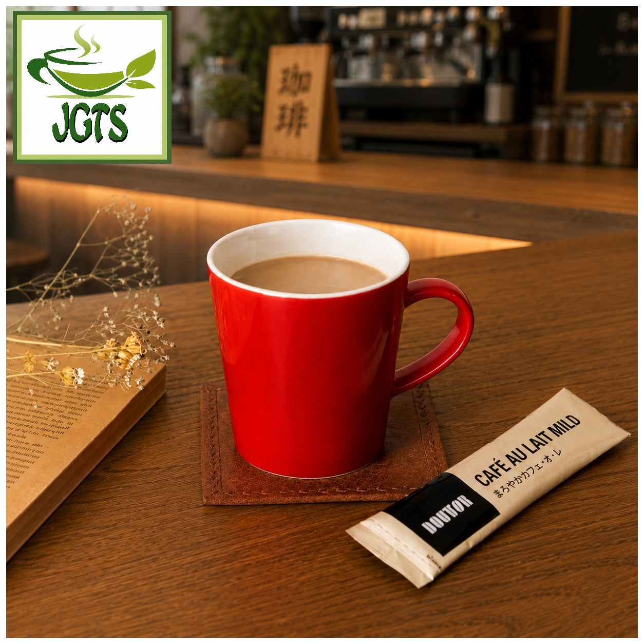 Doutor Cafe Au Lait Mild Instant Coffee 10 Sticks - One stick with cup hot in coffee shop