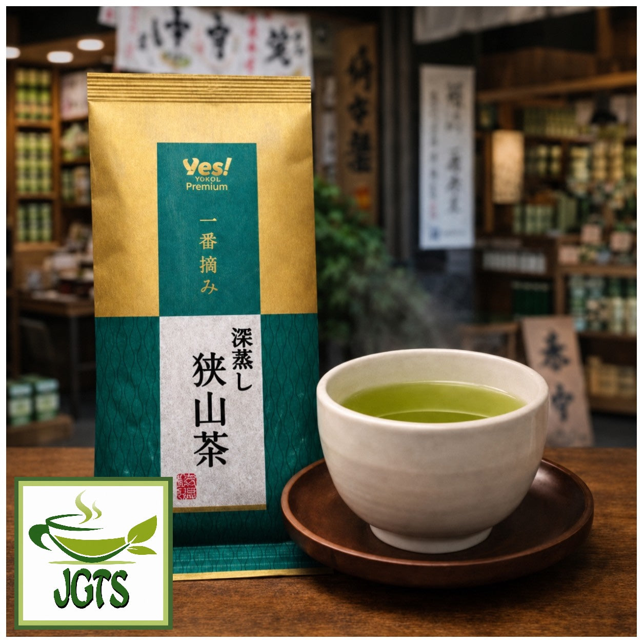 First Harvest - Deep Steamed Sayama Tea - package and cup of tea at teashop