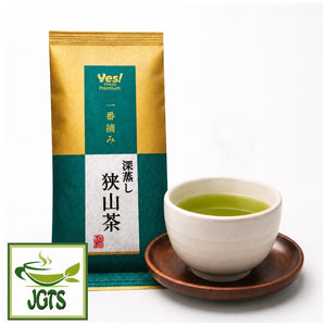 First Harvest - Deep Steamed Sayama Tea - package and cup of tea in a white japanese tea cup