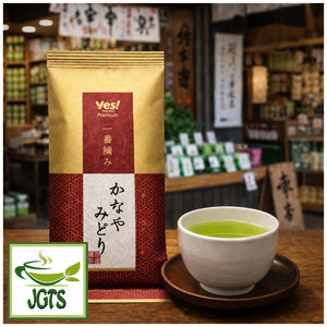 First Harvest - Kanaya Midori - Package and cup of tea at teashop