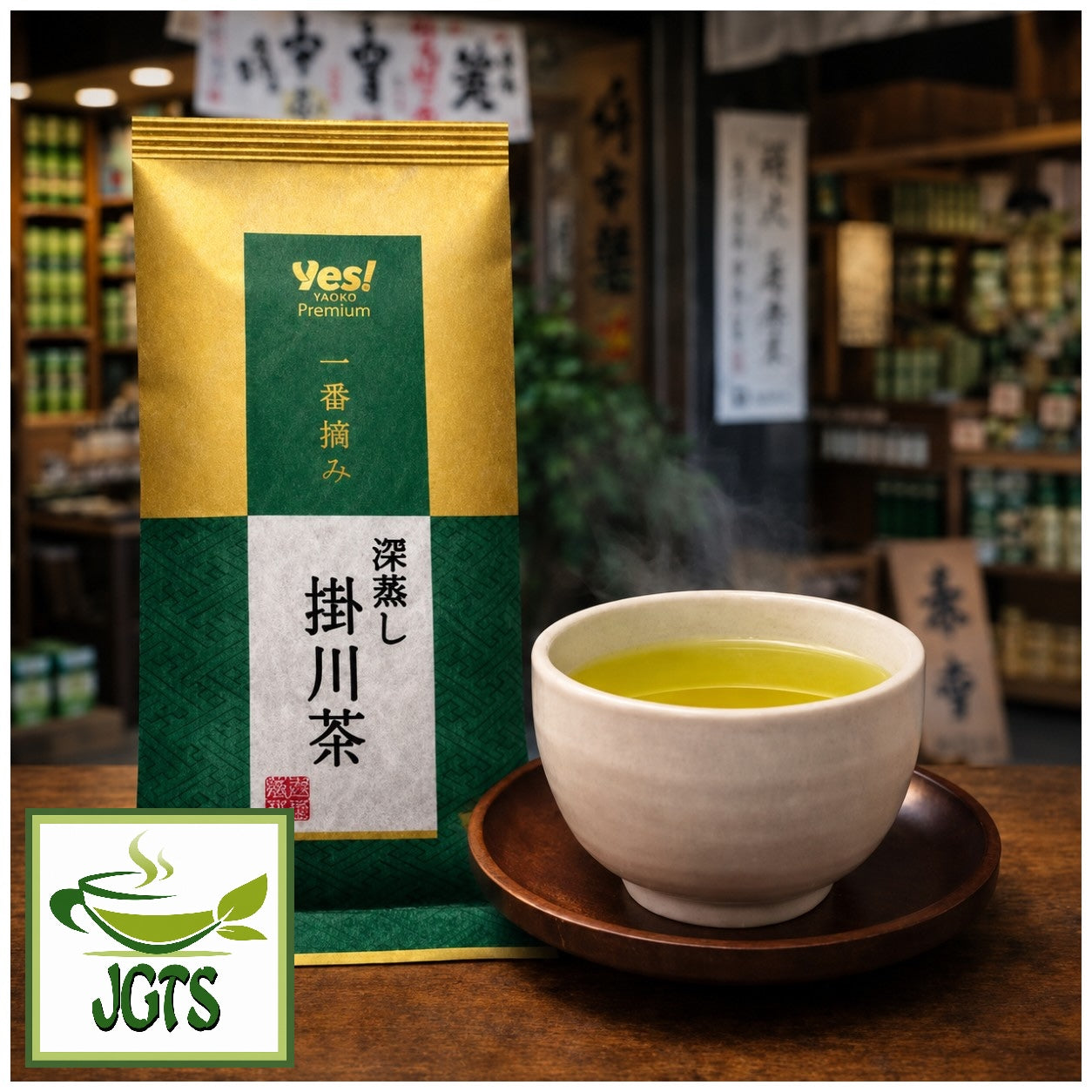 First Harvest - Sencha with Gyokuro - package and cup of tea at teashop