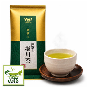 First Harvest - Sencha with Gyokuro - package and cup of tea in a white Japanese tea cup