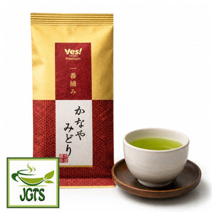 First Harvest Kanaya Midori - Package and cup of brewed Kanya Midori japanese green tea
