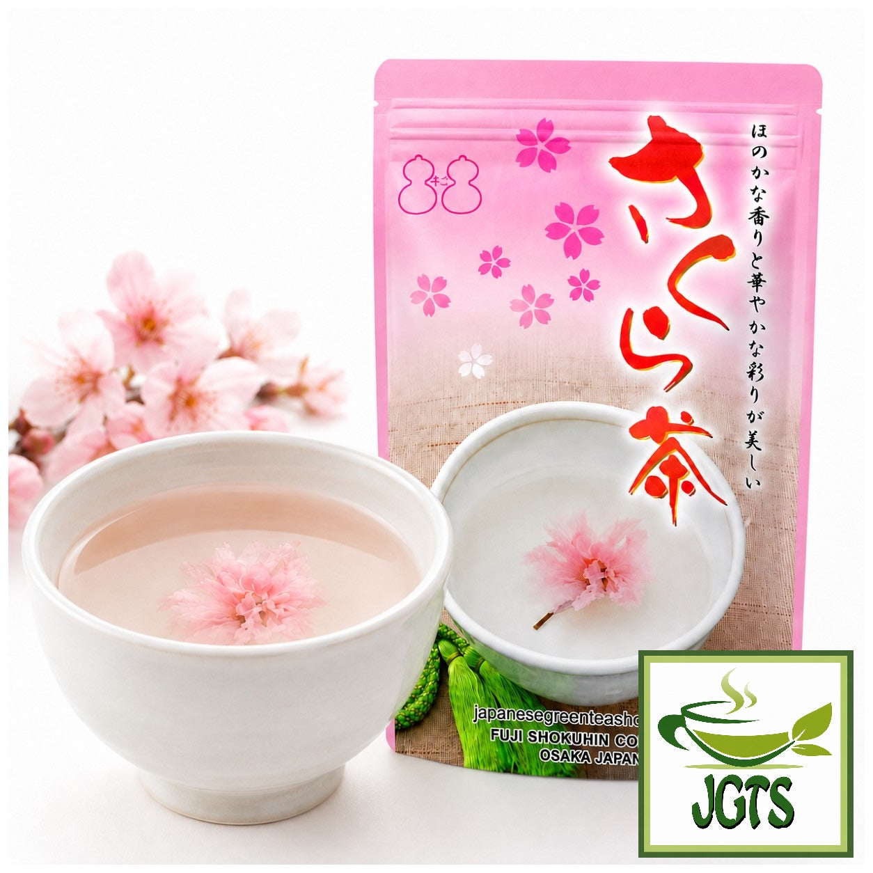 Fuji Shokuhin . Sakura Tea - Package and cup of cherry blossom tea served hot