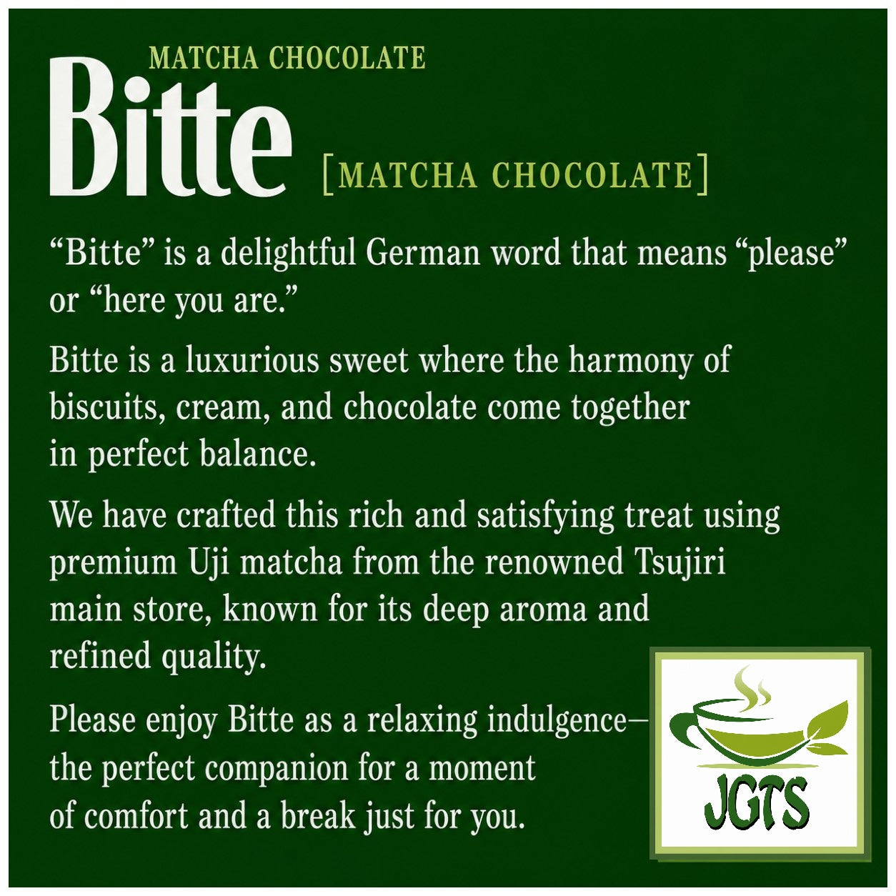 Glico Bitte Matcha Chocolate - Made with uji matcha from Tsuji Riichi store (E)